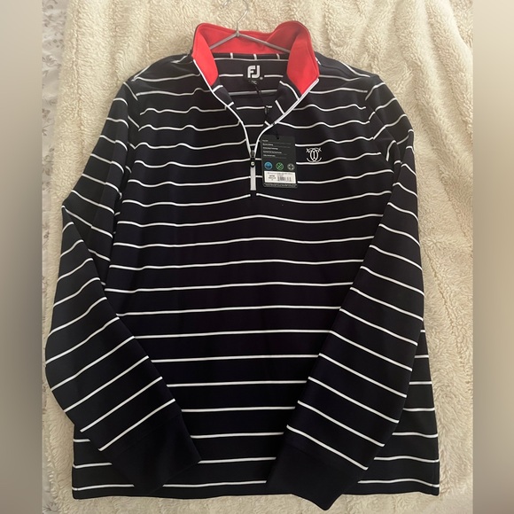 FootJoy Men's Navy and White Striped golf Shirt w/The Country Club logo (MA) - Picture 1 of 7